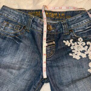 Devils & Dolls low rise bootcut flared dark wash denim jeans y2k embroidered fai